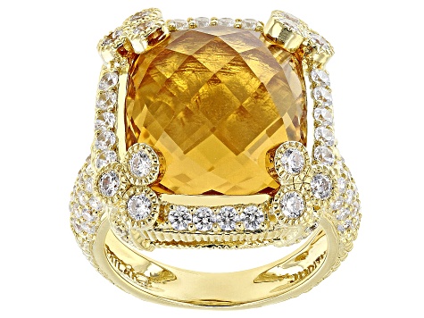 Judith Ripka Champagne Quartz and Cubic Zirconia 14k Gold Clad Monaco Ring 14.35ctw