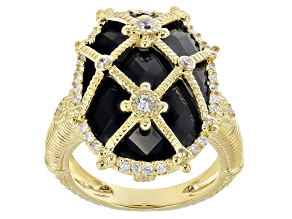 Judith Ripka Black Onyx and White Cubic Zirconia 14k Gold Clad Arielle Cage Ring 0.65ctw