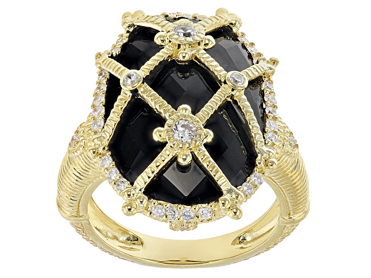 Judith Ripka Black Onyx and White Cubic Zirconia 14k Gold Clad Arielle Cage  Ring 0.65ctw