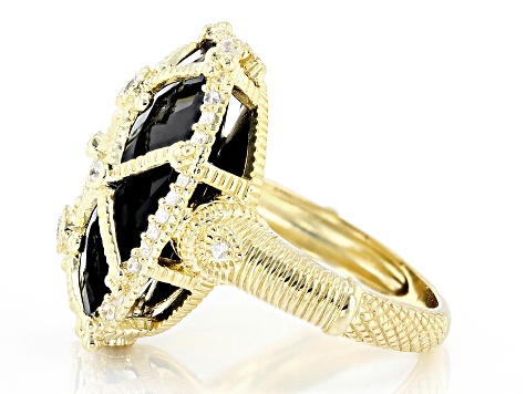 Judith Ripka Black Onyx and White Cubic Zirconia 14k Gold Clad Arielle Cage Ring 0.65ctw