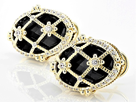 Judith Ripka Black Onyx With White Cubic Zirconia 14k Gold Clad Arielle Cage Earring 1.03ctw