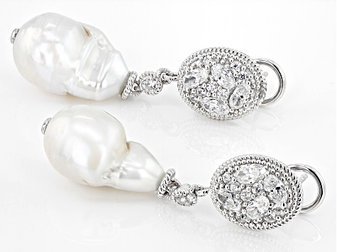 Judith Ripka Cultured Freshwater Pearl & Cubic Zirconia Rhodium Over Silver Earrings 4.25ctw