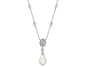 Judith Ripka Cultured Freshwater Pearl & Cubic Zirconia Rhodium Over Silver Necklace 10.50ctw