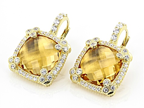 Judith Ripka Champagne Quartz & Bella Luce® Diamond Stimulant 14k Gold Clad Monaco Earrings 11.40ctw