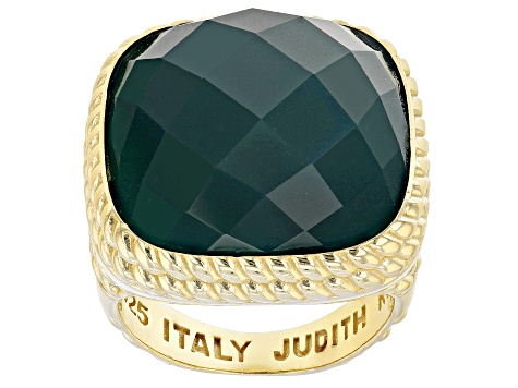 Judith Ripka Square Cushion Green Agate 14k Gold Clad Verona Cocktail Ring