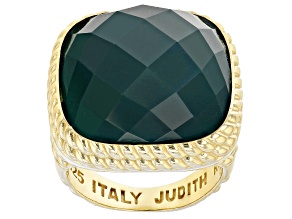 Judith Ripka Square Cushion Green Agate 14k Gold Clad Verona Cocktail Ring