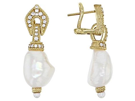 Judith Ripka White Cultured Freshwater Pearl & Cubic Zirconia 14k Gold Clad Colette Earrings .58ctw