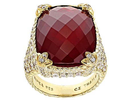 Judith Ripka Lab Created Ruby Doublet with Cubic Zirconia 14k Gold Clad Monaco Ring 3.00ctw