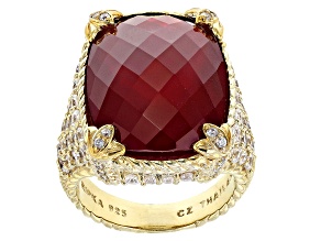 Judith Ripka Lab Ruby, Mother-of-Pearl Doublet with Cubic Zirconia 14k Gold Clad Monaco Ring 3.00ctw