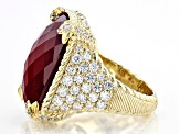 Judith Ripka Lab Ruby, Mother-of-Pearl Doublet with Cubic Zirconia 14k Gold Clad Monaco Ring 3.00ctw