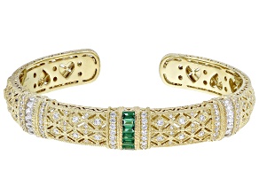 Judith Ripka Emerald Simulant and Cubic Zirconia 14k Gold Clad Estate Cuff Bracelet 4.80ctw