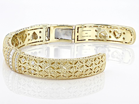 Judith Ripka Emerald Simulant and Cubic Zirconia 14k Gold Clad Estate Cuff Bracelet 4.80ctw
