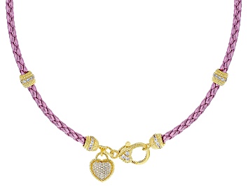 Picture of Judith Ripka Cubic Zirconia Braided Metallic Pink Faux Leather&14k Gold Clad Verona Necklace 3.25ctw