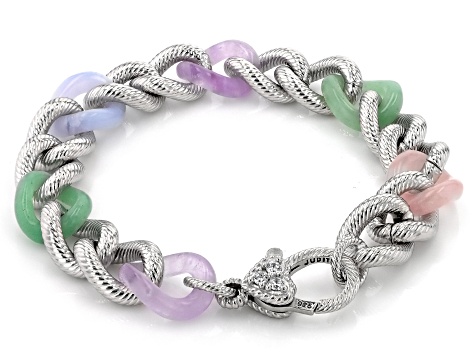 Judith Ripka Multi-Gemstone Rhodium Over Sterling Silver Verona Rainbow Curb Link Bracelet 0.17ctw