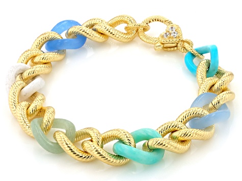 Judith Ripka Multi-Gemstone 14k Gold Clad Verona Rainbow Curb Link Bracelet 0.17ctw