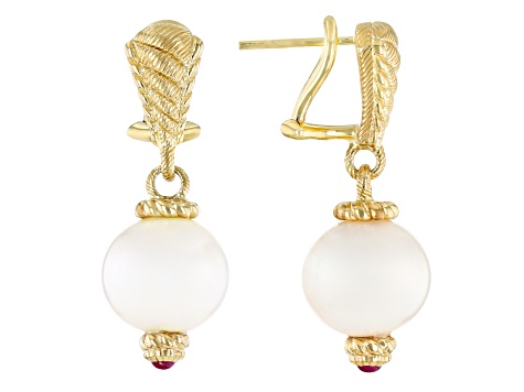 Judith Ripka Cultured Freshwater Pearl With Ruby 14k Gold Clad Colette Dangle Earrings