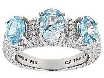 Picture of Judith Ripka Blue Zircon With Cubic Zirconia Rhodium Over Silver Imperial 3-Stone Band Ring 3.55ctw