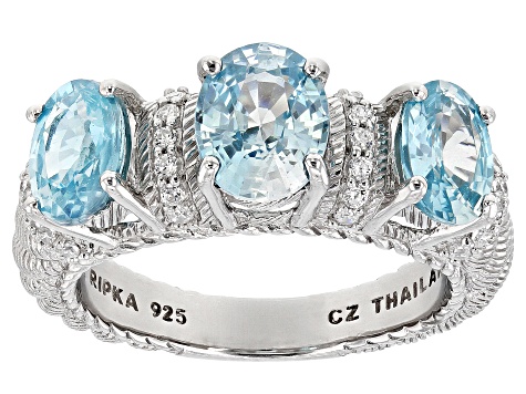 Judith Ripka Blue Zircon With Cubic Zirconia Rhodium Over Silver Imperial 3-Stone Band Ring 3.55ctw