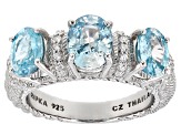 Judith Ripka Blue Zircon With Cubic Zirconia Rhodium Over Silver Imperial 3-Stone Band Ring 3.55ctw