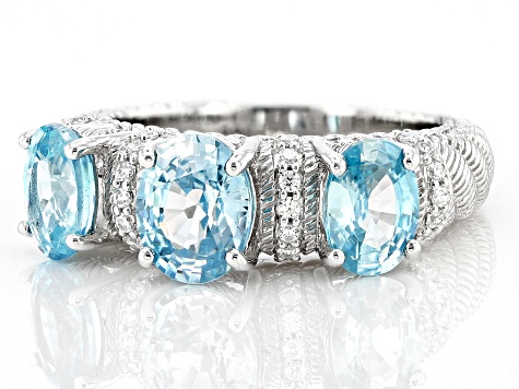 Judith Ripka Blue Zircon With Cubic Zirconia Rhodium Over Silver Imperial 3-Stone Band Ring 3.55ctw