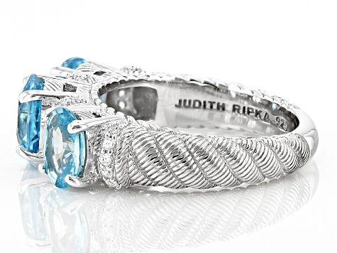 Judith Ripka Blue Zircon With Cubic Zirconia Rhodium Over Silver Imperial 3-Stone Band Ring 3.55ctw