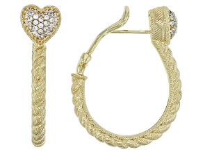 Judith Ripka Cubic Zirconia 14k Gold Clad Romance Pave Heart Hoop Earrings 0.54ctw