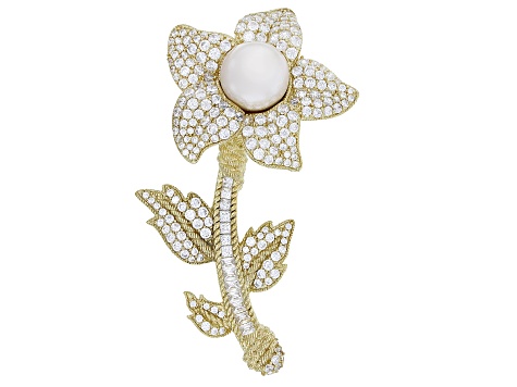 Judith Ripka Cultured Freshwater Pearl, Cubic Zirconia 14k Gold Clad Secret Garden Poppy Pin 8.50ctw