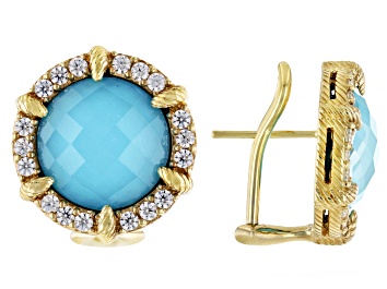 Picture of Judith Ripka 12mm Turquoise Simulant Doublet & Cubic Zirconia 14k Gold Clad Eclipse Earrings 1.26ctw