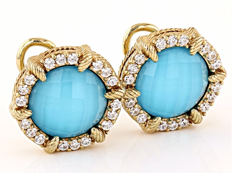 Judith Ripka 12mm Turquoise Simulant Doublet & Cubic Zirconia 14k Gold Clad Eclipse Earrings 1.26ctw