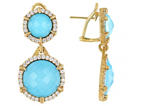 Judith Ripka Turquoise Doublet & Cubic Zirconia 14k Gold Clad Double Eclipse Drop Earrings 2.22ctw