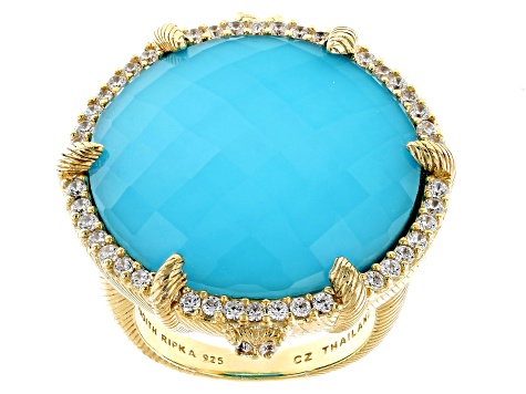 Judith Ripka Turquoise Simulant Doublet With Cubic Zirconia 14k Gold Clad Eclipse Statement Ring