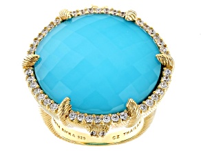 Judith Ripka Turquoise Doublet With Cubic Zirconia 14k Gold Clad Eclipse Statement Ring 1.20ctw