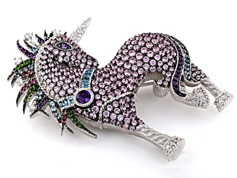 Judith Ripka Cubic Zirconia & Multi-Gemstone Rhodium Over Sterling Silver Uma Unicorn Brooch 9.10ctw