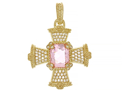 Judith Ripka Pink & White Cubic Zirconia 14k Gold Clad Monaco Maltese Cross Enhancer 11.13ctw