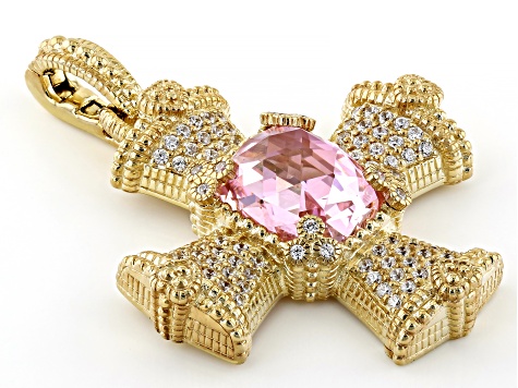 Judith Ripka Pink & White Cubic Zirconia 14k Gold Clad Monaco Maltese Cross Enhancer 11.13ctw