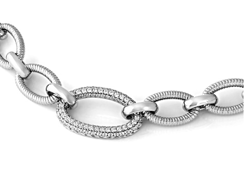 Judith Ripka Cubic Zirconia Rhodium Over Silver Verona Berge & Oval Pave Link Bracelet 1.60ctw