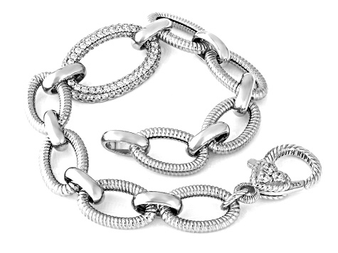 Judith Ripka Cubic Zirconia Rhodium Over Silver Verona Berge & Oval Pave Link Bracelet 1.60ctw