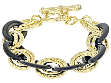 Judith Ripka Black Agate & Rock Crystal Quartz 14k Gold Clad Oval Link Verona Bracelet