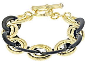 Judith Ripka Black Agate & Rock Crystal Quartz 14k Gold Clad Oval Link Verona Bracelet