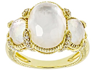 Judith Ripka Mother-Of-Pearl Doublet With Cubic Zirconia 14k Gold Clad Glacier 3-Stone Ring 0.49ctw