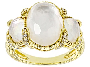 Judith Ripka Mother-Of-Pearl Doublet With Cubic Zirconia 14k Gold Clad Glacier 3-Stone Ring 0.49ctw