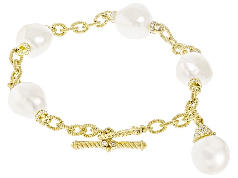 Judith Ripka Cultured Freshwater Pearl With Cubic Zirconia 14k Gold Clad Colette Bracelet 0.78ctw