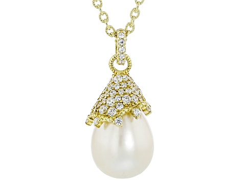 Judith Ripka Cultured Freshwater Pearl With Cubic Zirconia 14k Gold Clad Necklace 0.95ctw