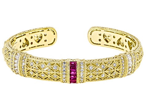 Judith Ripka Lab Created Ruby With Cubic Zirconia 14k Gold Clad Estate Cuff Bracelet 5.10ctw