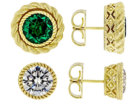 Judith Ripka Emerald Simulant With Cubic Zirconia 14k Gold Clad Earring & Jacket Set 11.30ctw