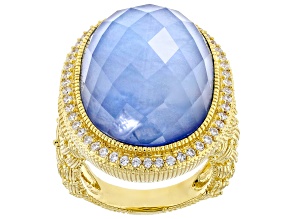 Judith Ripka Synthetic Blue Quartz Doublet With Cubic Zirconia 14k Gold Clad Aurora Ring 0.71ctw