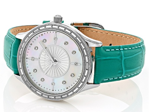 Judith Ripka Silver Crystal Watch with Green Strap NWOT Judith Ripka Quilted Kelly Green Leather Watch 6.5 main image 4