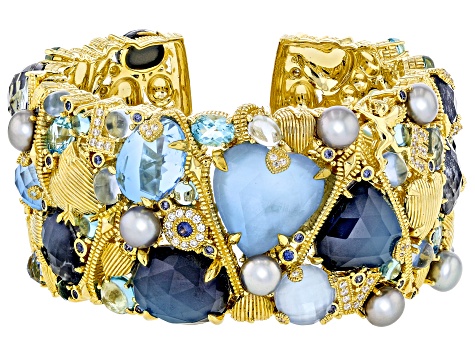 Judith Ripka Lab Created Blue Quartz Doublet With Multi-Gemstone 14k Gold Clad Love Cuff Bracelet