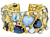 Judith Ripka Lab Created Blue Quartz Doublet With Multi-Gemstone 14k Gold Clad Love Cuff Bracelet