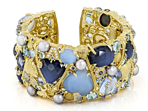 Judith Ripka Lab Created Blue Quartz Doublet With Multi-Gemstone 14k Gold Clad Love Cuff Bracelet